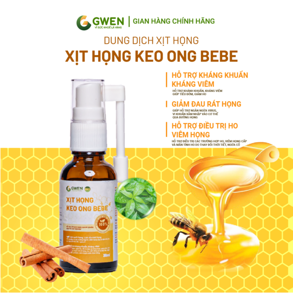 Xịt Họng Keo Ong BeBe Gwen 30ml – Hỗ Trợ Bảo Vệ Họng, Giảm Ho, Ngăn Ngừa Viêm