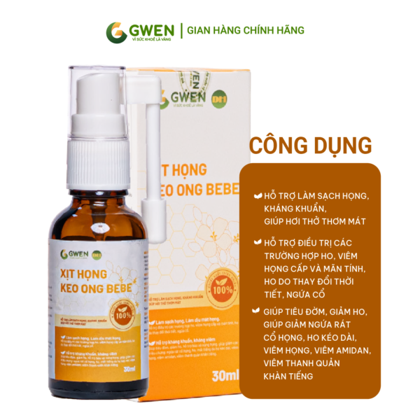 Xịt Họng Keo Ong BeBe Gwen 30ml – Hỗ Trợ Bảo Vệ Họng, Giảm Ho, Ngăn Ngừa Viêm