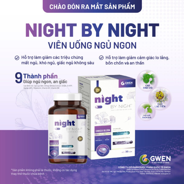 Viên Uống Ngủ Ngon Night by Night Gwen Hộp 30 Viên Hỗ Trợ Giấc Ngủ Sâu, Giảm Căng Thẳng Lo Âu