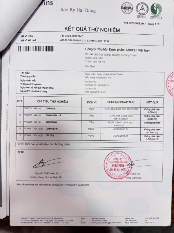 Phiếu kiểm nghiệm (1) Đông Trùng Hạ Thảo Takichi - Hộp 40g - Thượng Dược Bồi Bổ Sức Khỏe Toàn Diện