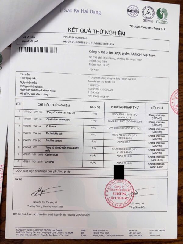 Phiếu kiểm nghiệm 6 (1) Đông Trùng Hạ Thảo Takichi - Hộp 40g - Thượng Dược Bồi Bổ Sức Khỏe Toàn Diện