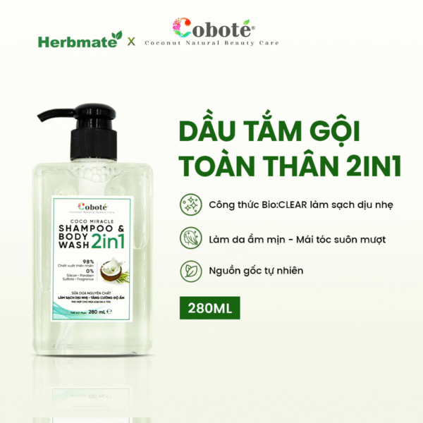 Dầu Tắm Gội Toàn Thân 2in1 Coboté 280ml  – Giải Pháp Chăm Sóc Dịu Nhẹ Cho Cả Gia Đình