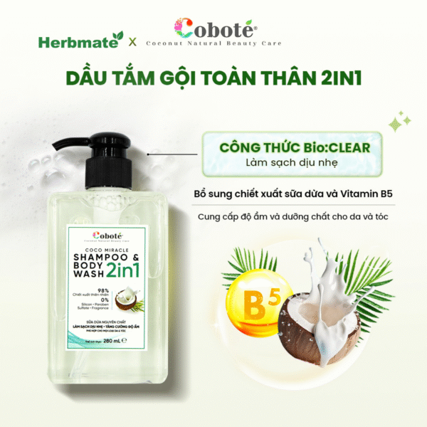 Dầu Tắm Gội Toàn Thân 2in1 Coboté 280ml  – Giải Pháp Chăm Sóc Dịu Nhẹ Cho Cả Gia Đình