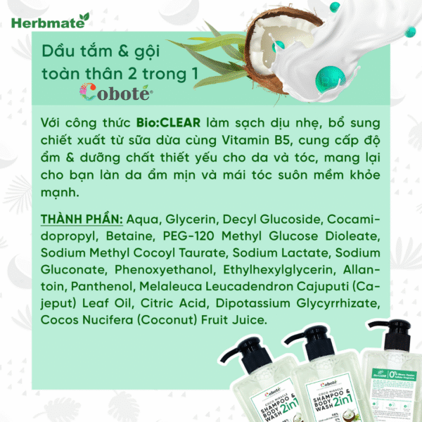 Dầu Tắm Gội Toàn Thân 2in1 Coboté 280ml  – Giải Pháp Chăm Sóc Dịu Nhẹ Cho Cả Gia Đình