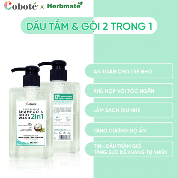 Dầu Tắm Gội Toàn Thân 2in1 Coboté 280ml  – Giải Pháp Chăm Sóc Dịu Nhẹ Cho Cả Gia Đình
