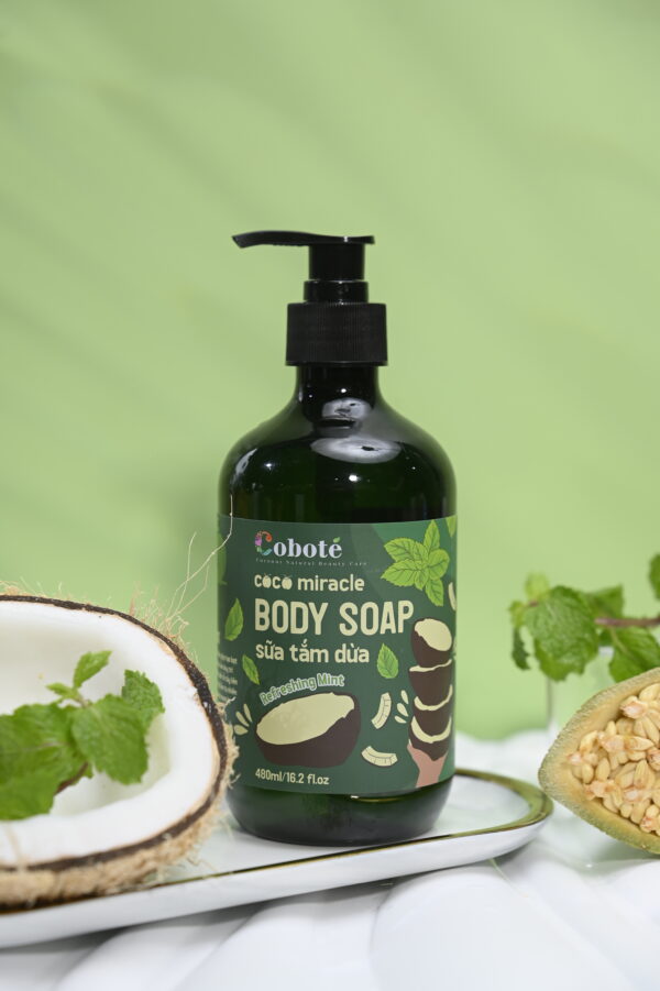 _DSC9431 Sữa Tắm Dưỡng Dừa Hương Bạc Hà Coco Miracle Body Soap Refreshing Coboté 480ml – Sạch Sâu Dịu Nhẹ, Cấp Ẩm Tức Thì