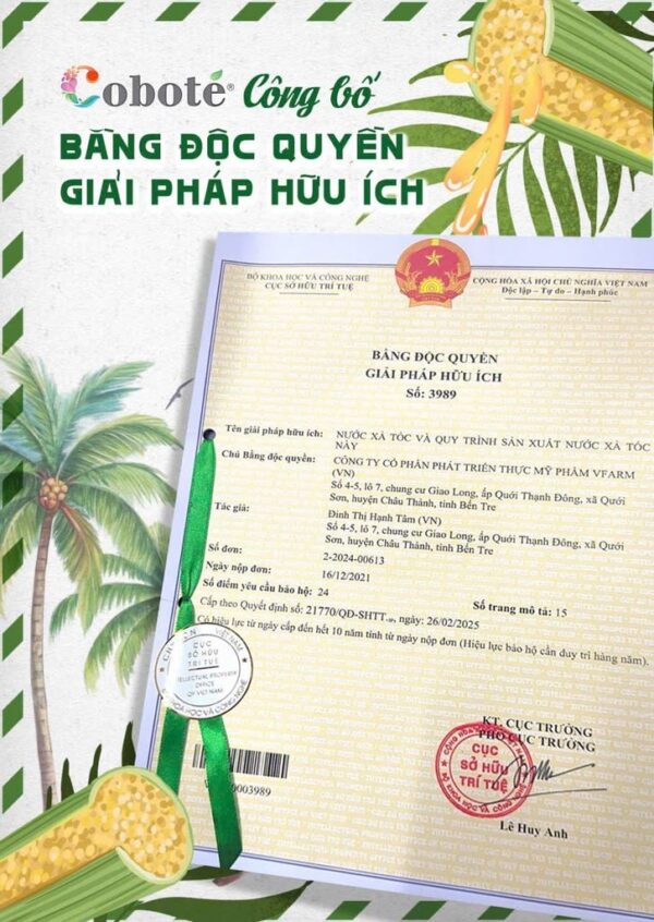 Giấy chứng nhận bằng sáng chế Nước Xả Tóc Dưỡng Sinh Coboté 500ml – Giải Pháp Thải Độc & Hồi Sinh Mái Tóc Bồng Bềnh