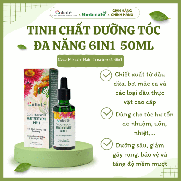 TINH CHẤT DƯỠNG TÓC ĐA NĂNG 50ML Tinh Chất Dưỡng Tóc Đa Năng 6-in-1 Coboté 50ml – Phục Hồi Và Tỏa Sáng Mái Tóc Tự Nhiên