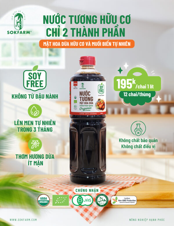 Nước Tương Mật Hoa Dừa Organic Sokfarm Dòng nguyên bản  – Vị Umami Tự Nhiên, An Toàn Cho Sức Khỏe
